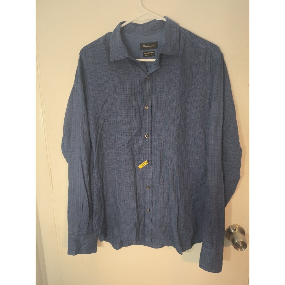 Massimo Dutti Men’s L Blue Woven Long Sleeve Button-Up Check Pattern